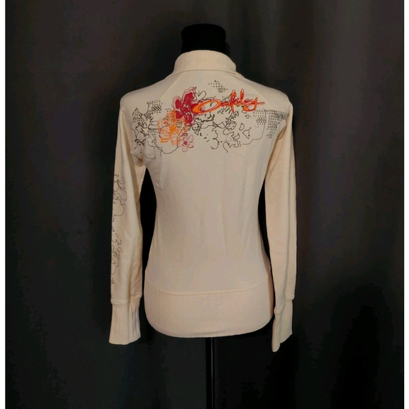 Oakley Woman’s Vintage Zip Up Size XS Cream Orange Tropical Floral Embroidery - Picture 4 of 10